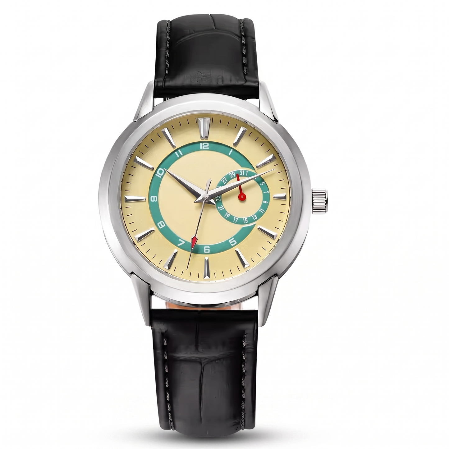Elegante Armbanduhr mit goldenem Zifferblatt und grünen Akzenten